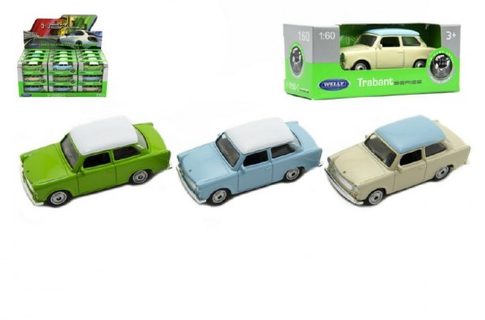 Auto Welly Trabant 1:60 kov 7cm asst mix farieb voľný chod v krabičke 36ks v boxe Cena za 1ks