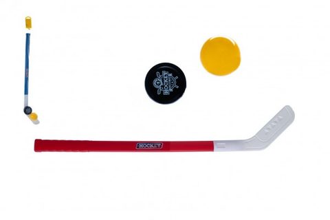 Hokejka plast 73cm s pukem a míčkem 2 barvy v síťce Cena za 1ks