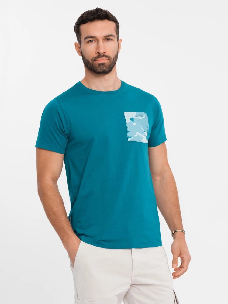 Levně Ombre Clothing Originální tyrkysové tričko s ozdobnou kapsou V7 TSPT-0228