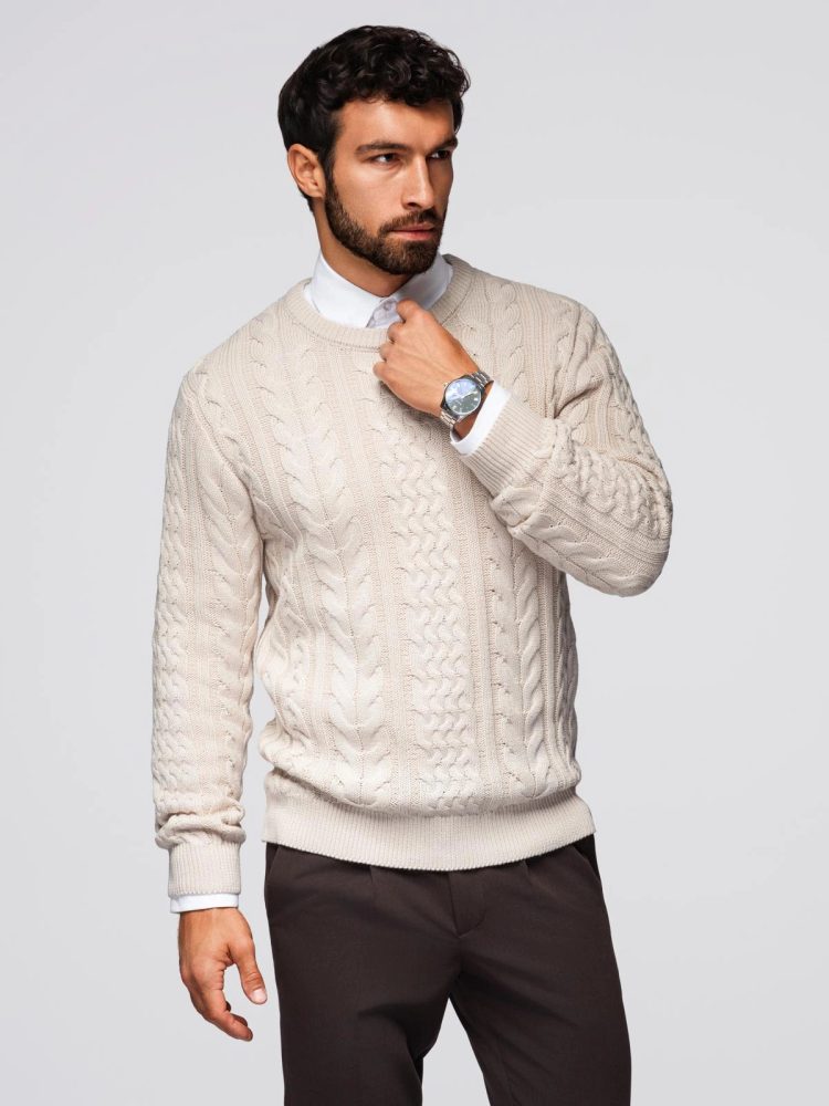 Levně Ombre Clothing Béžový vzorovaný pánský svetr om-swcd-0173
