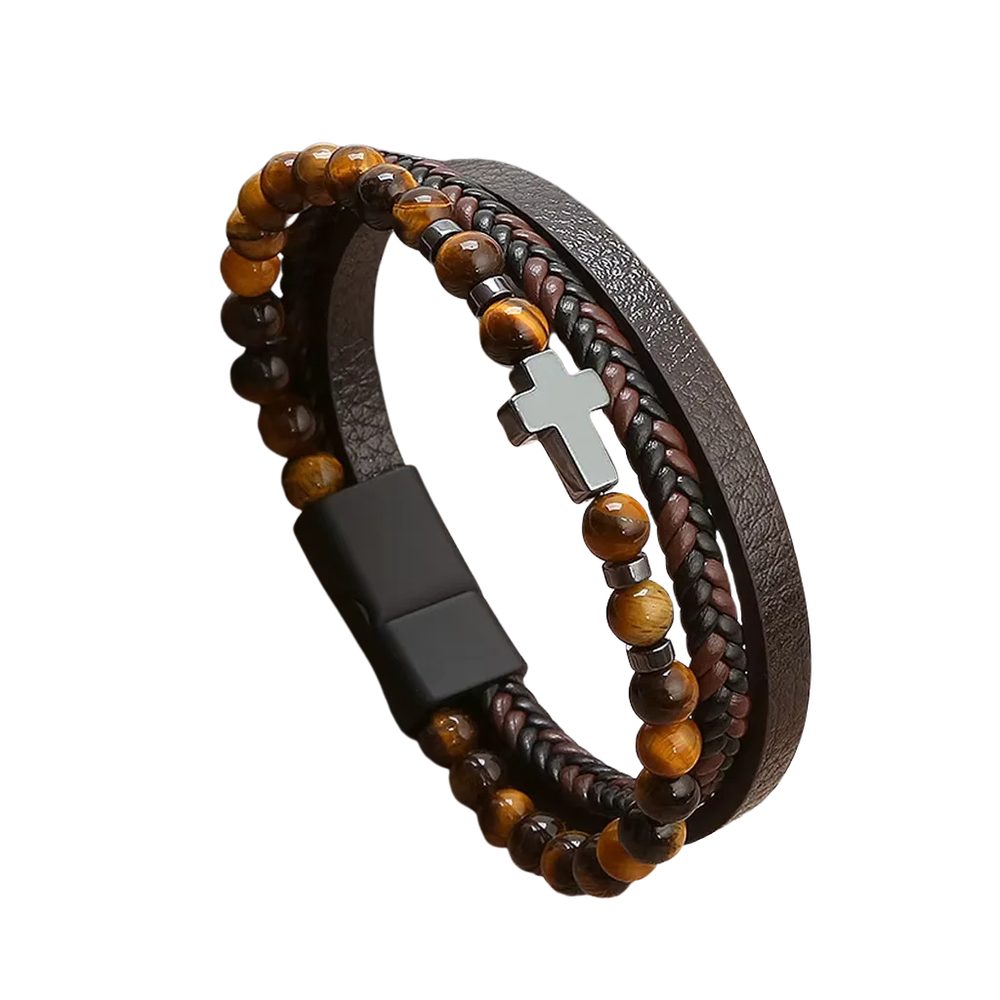 Pánský hnědý náramek s křížem