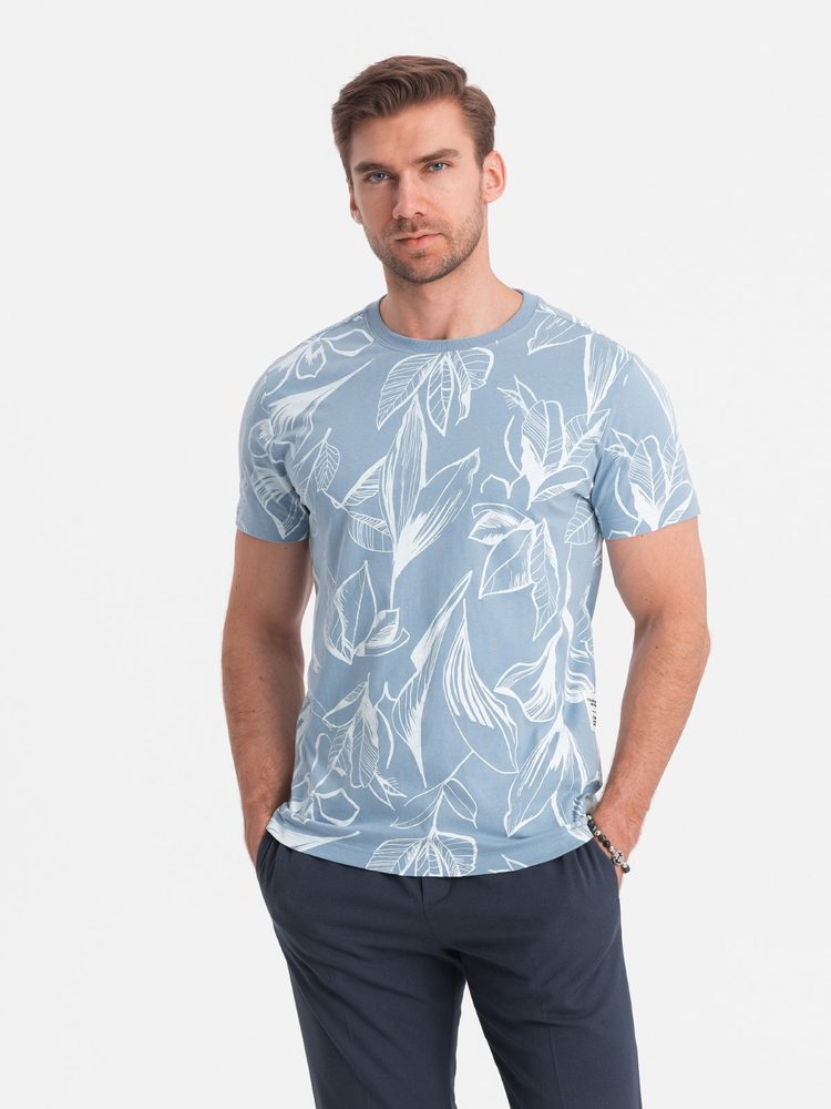 Levně Ombre Clothing Modré tričko s motivem listů V2 TSFP-0180