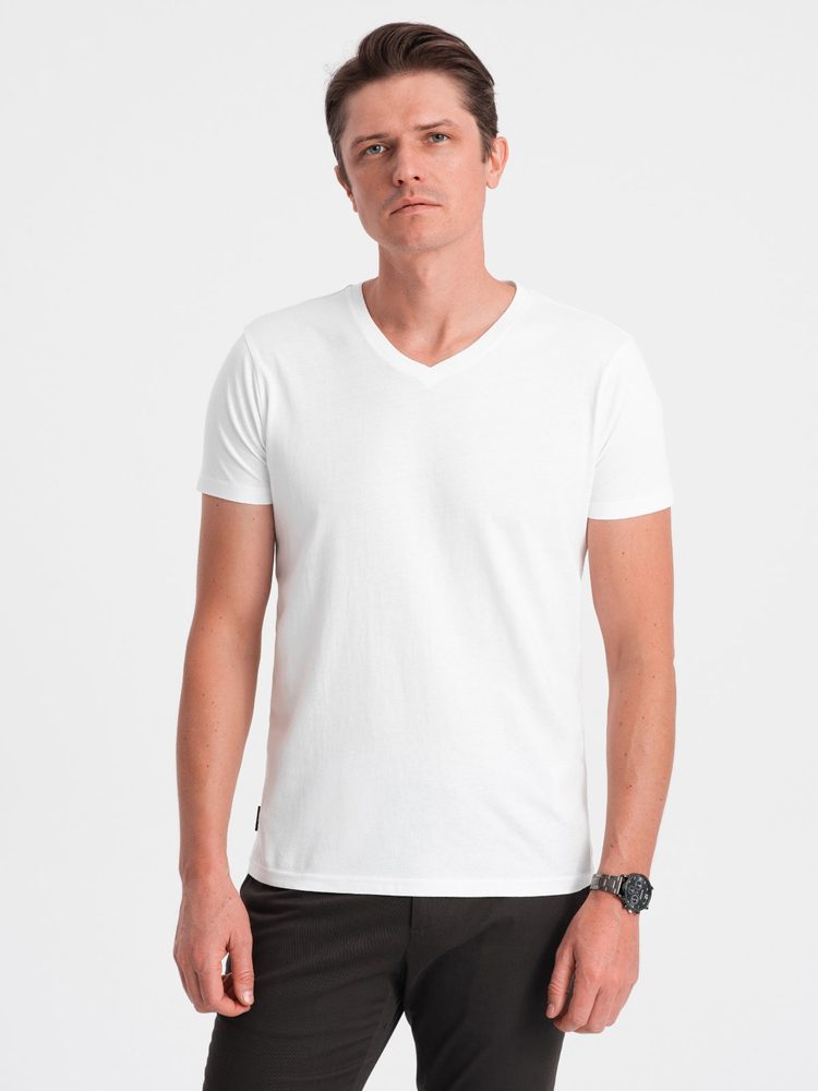 Levně Ombre Clothing Bavlněné pánské bílé tričko s výstřihem do V V4-TSBS-0145