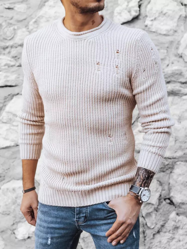 Levně Buďchlap Béžový pletený svetr s módními dírami