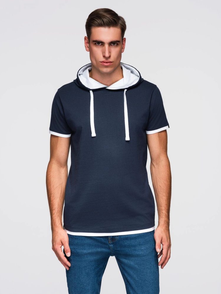 Levně Ombre Clothing Jedinečné tmavě modré tričko s kapucí V4 TSCT-0256