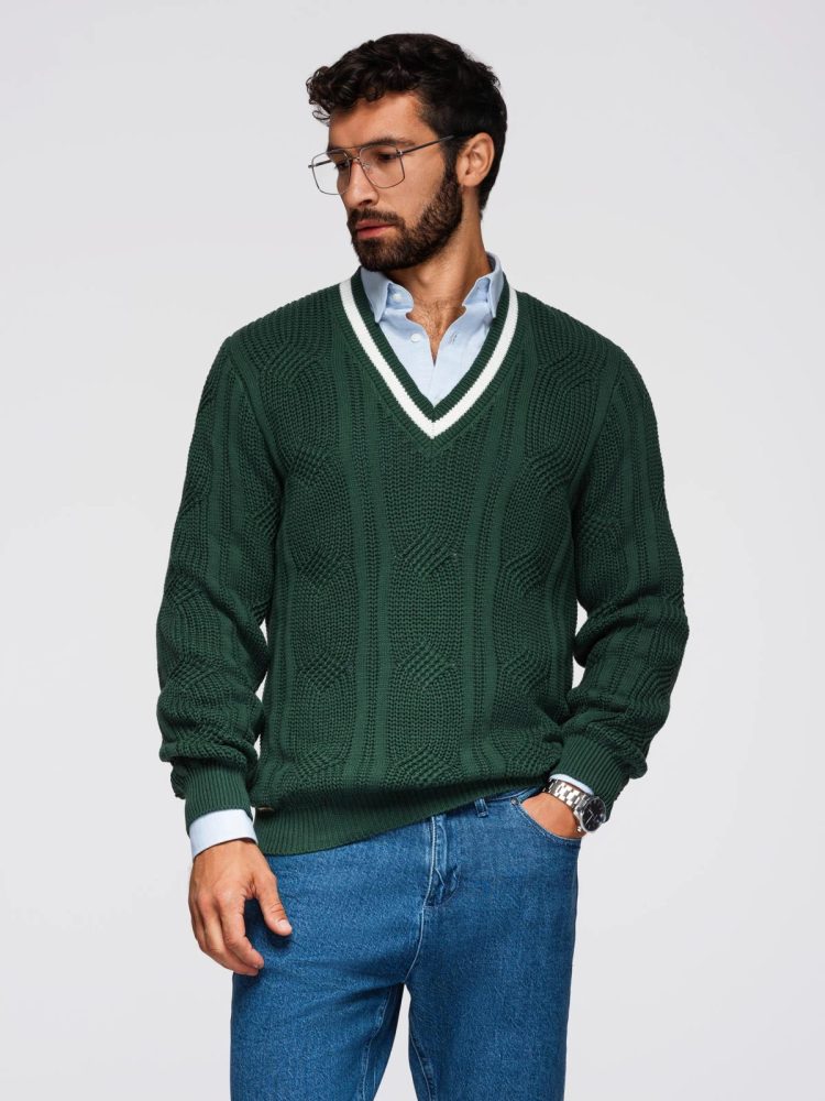 Levně Ombre Clothing Elegantní pletený svetr pro muže zelený v1 om-swcd-0151