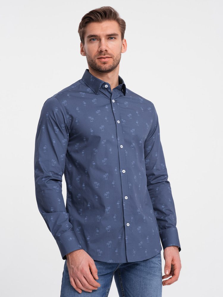 Levně Ombre Clothing Zajímavá tmavě modrá košile s trendy letním vzorem V5 SHCS-0156