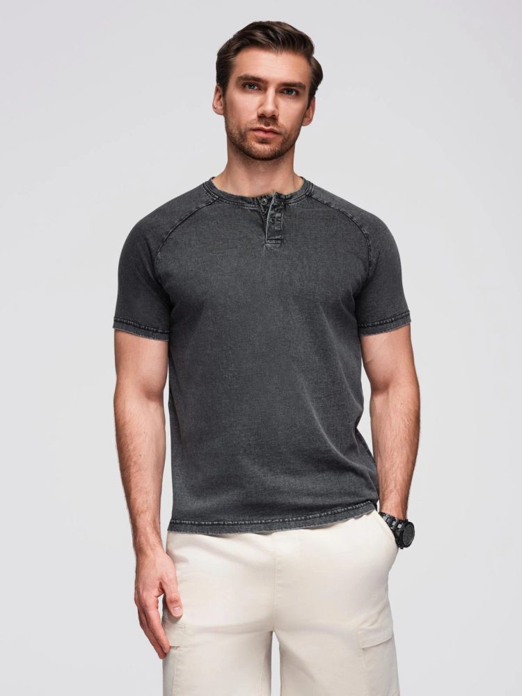 Levně Ombre Clothing Černé tričko se sepraným vzorem na knoflících V1 TSWT-0150