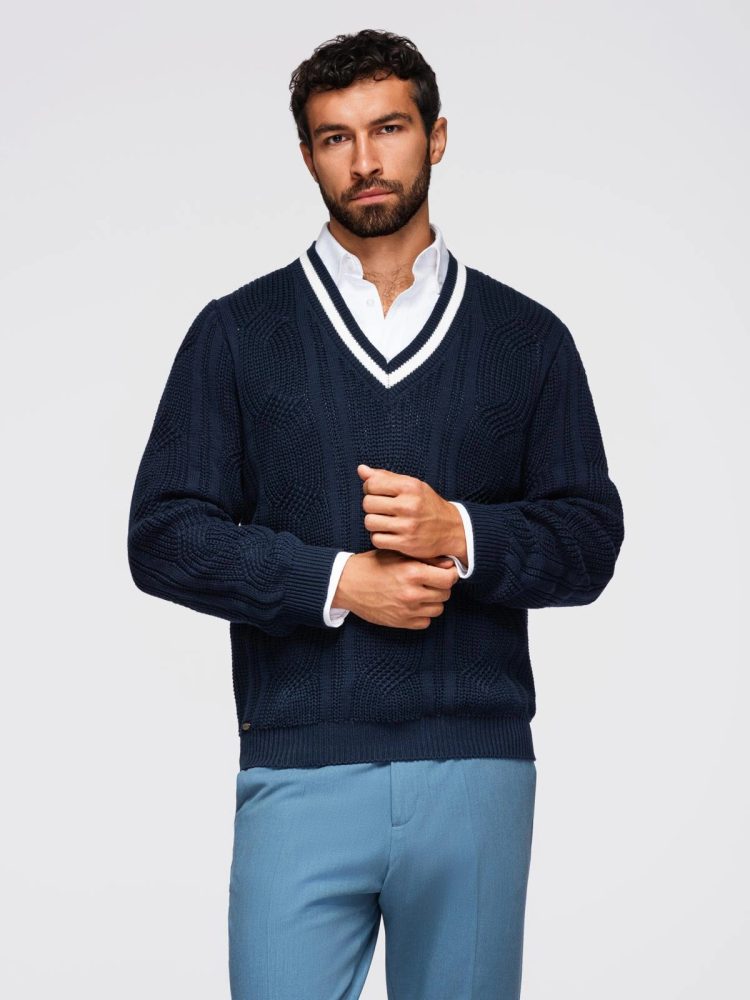 Levně Ombre Clothing Elegantní pletený svetr pro muže modrý v1 om-swcd-0151
