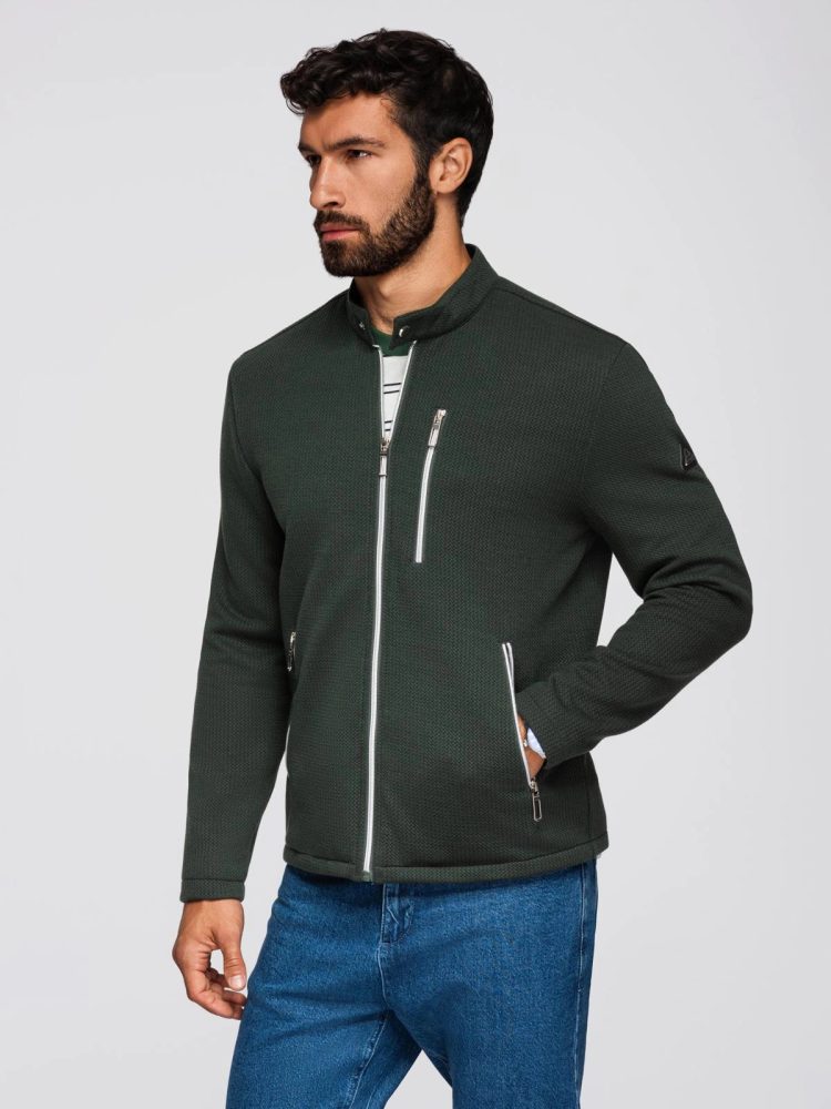 Levně Ombre Clothing Tmavě zelená pánská bunda se stojáčkem V3 JANP-0229