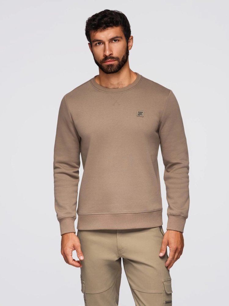 Levně Ombre Clothing Pánská mikina kávové barvy bez kapuce V3 OM-SSNZ-0243