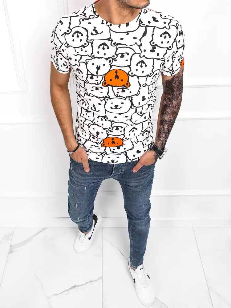 Dstreet Bavlněné bílé tričko s oranžovým veselým potiskem - XL