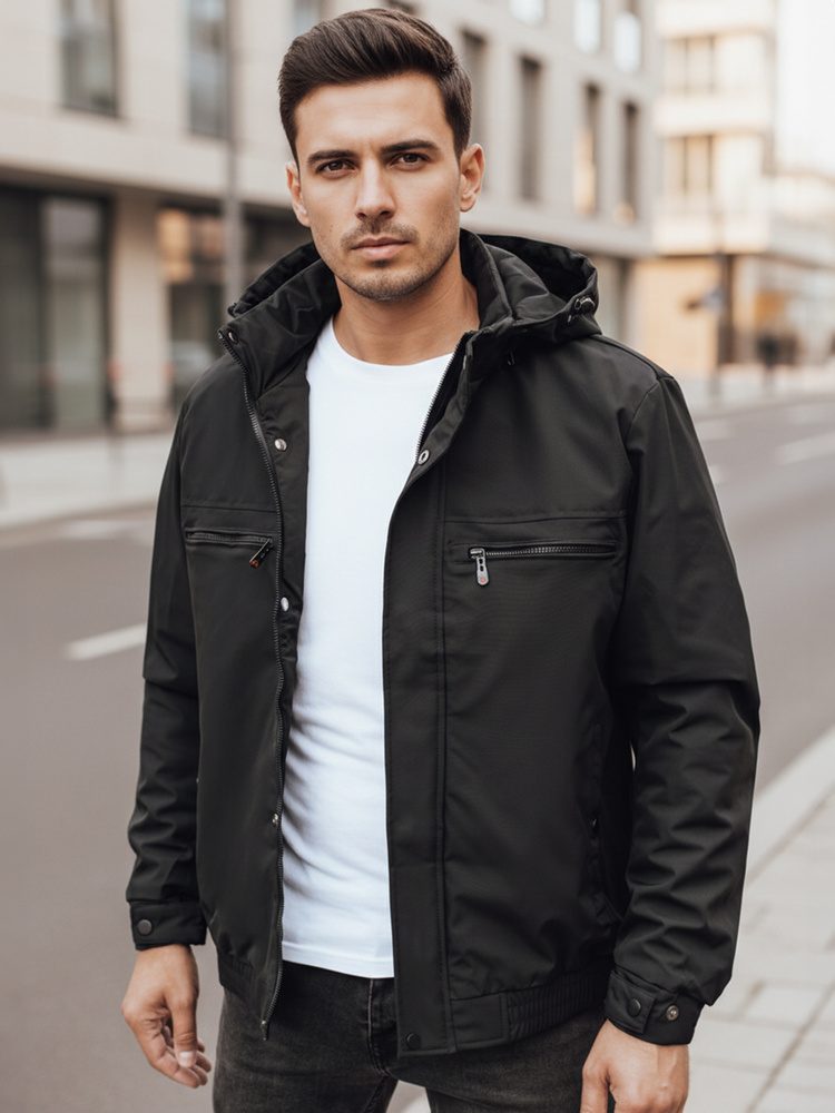 Levně Dstreet Pánská přechodná černá bunda s kapucí