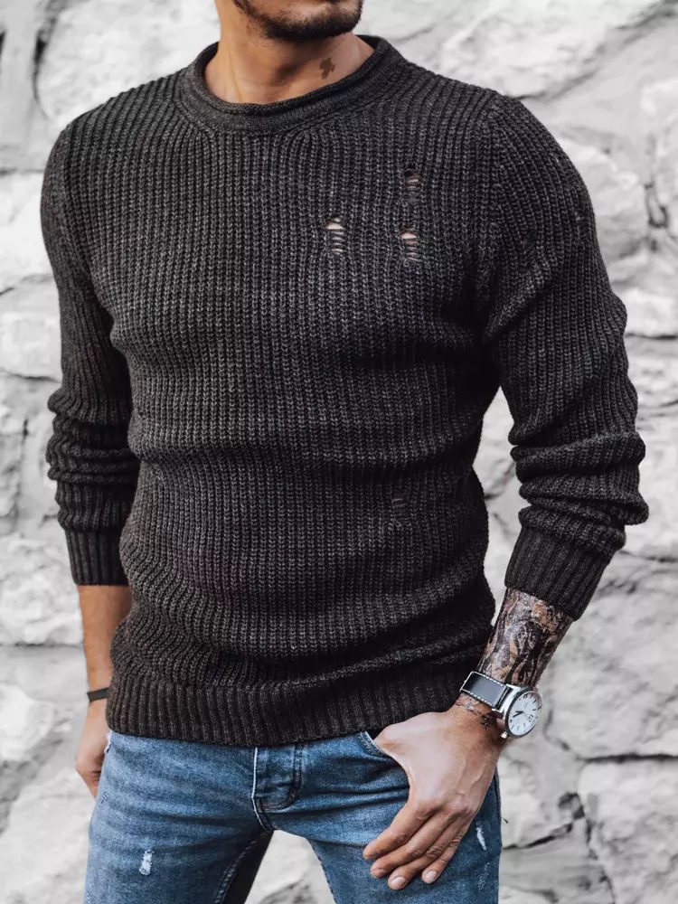 Levně Buďchlap Tmavě šedý pletený svetr s módními dírami