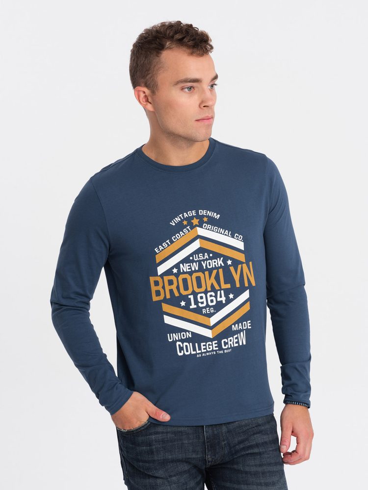 Levně Ombre Clothing Modré tričko s nápisem Brooklyn V2 LSPT-0117