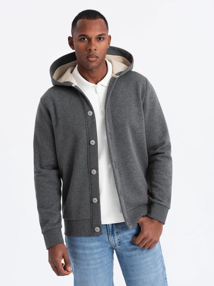 Levně Ombre Clothing Módní grafitová mikina na knoflíky V4 SSZP-0186