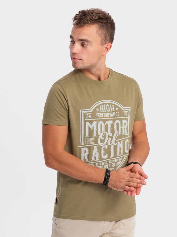 Ombre Clothing Originální olivové tričko s auto-moto motivem V2-S1735 - XXL