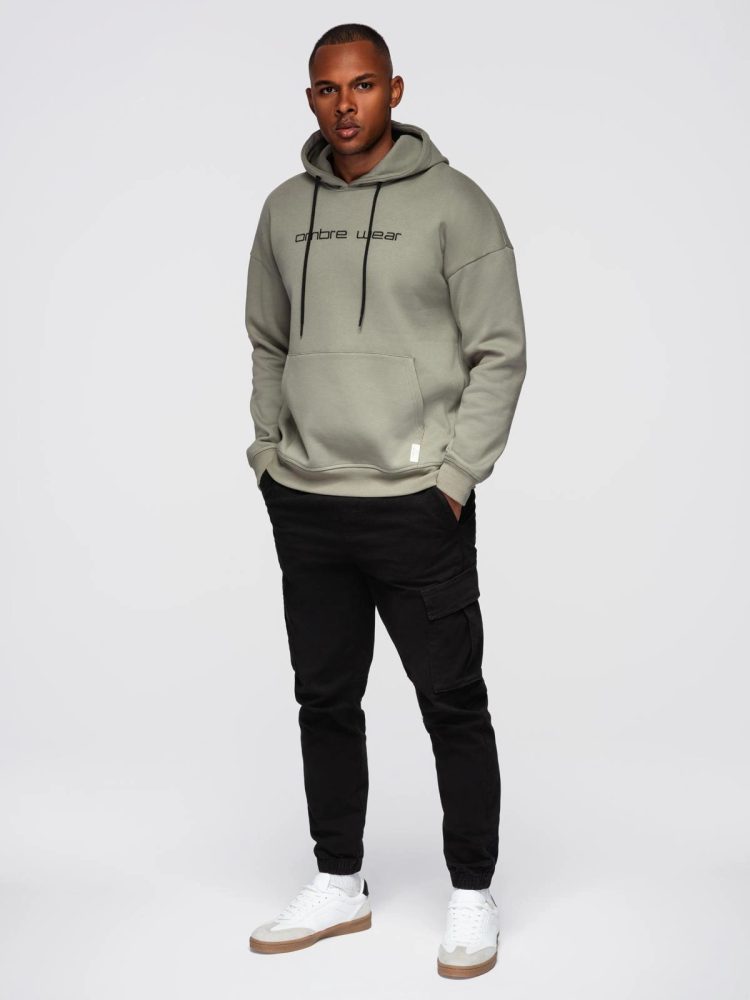 Levně Ombre Clothing Cool khaki mikina s kapucí a nápisem na hrudi V2 OM-SSNZ-0241
