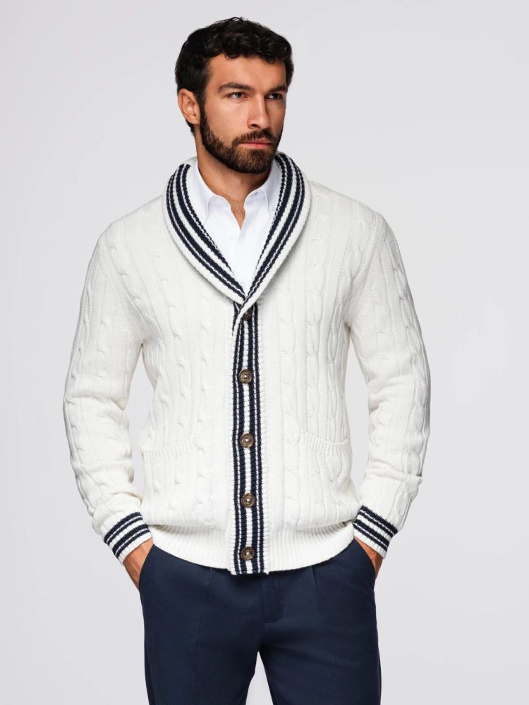 Levně Ombre Clothing Pánský pletený svetr bílý v1 om-swcd-0152