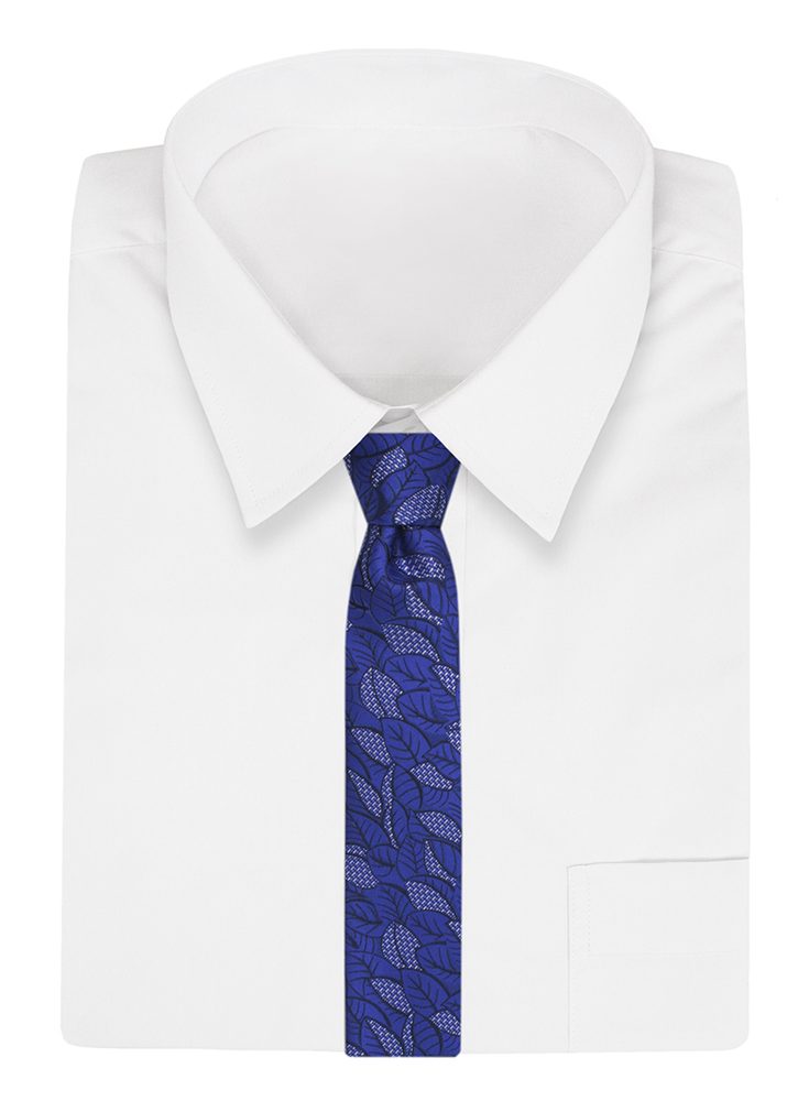 Levně Královsky modrá kravata se vzorem listí