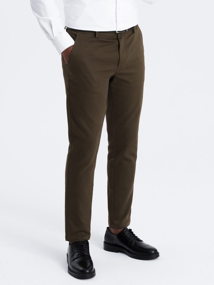 Ombre Clothing Chinos olivové kalhoty klasického střihu s jemnou texturou V4 PACP-0190 - XXL