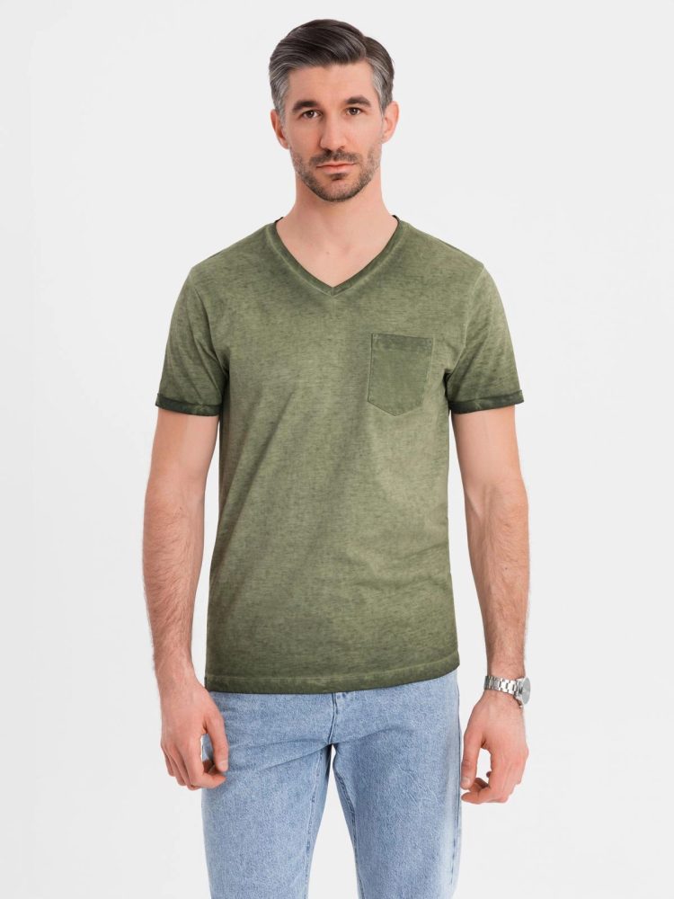 Levně Ombre Clothing Olivové pánské tričko s vypraným vzorem V9 TSWT-0242