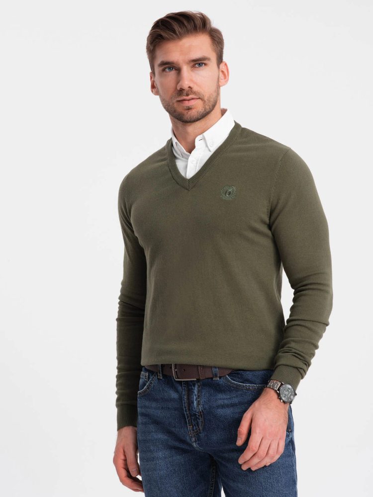 Levně Ombre Clothing Olivový svetr s košilovým límcem V5 SWSW-0102
