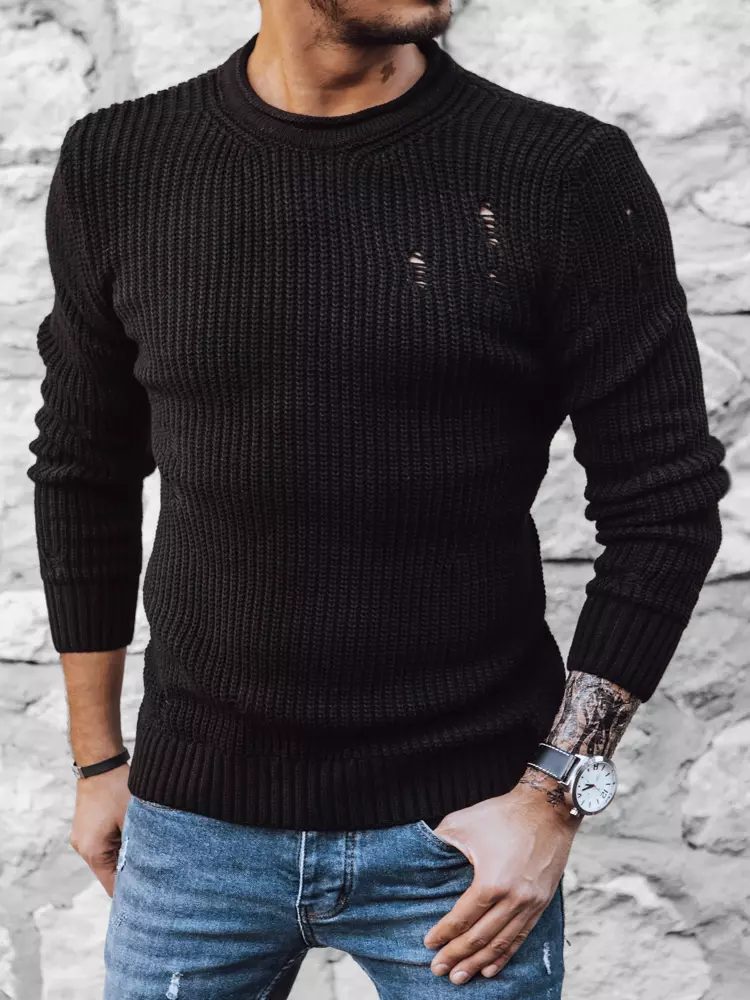 Levně Buďchlap Černý pletený svetr s módními dírami