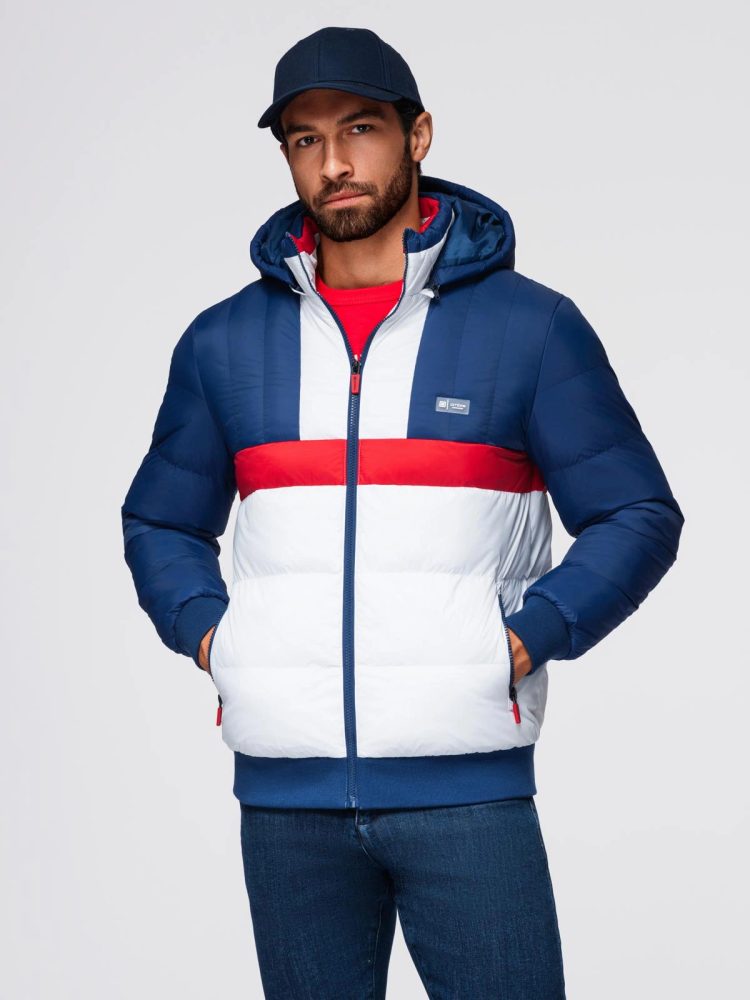 Levně Ombre Clothing Modrobílá prošívaná retro bunda V1 JALP-0296