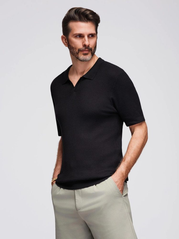 Levně Ombre Clothing Pánská černá pletená polokošile V2 POSS-0160