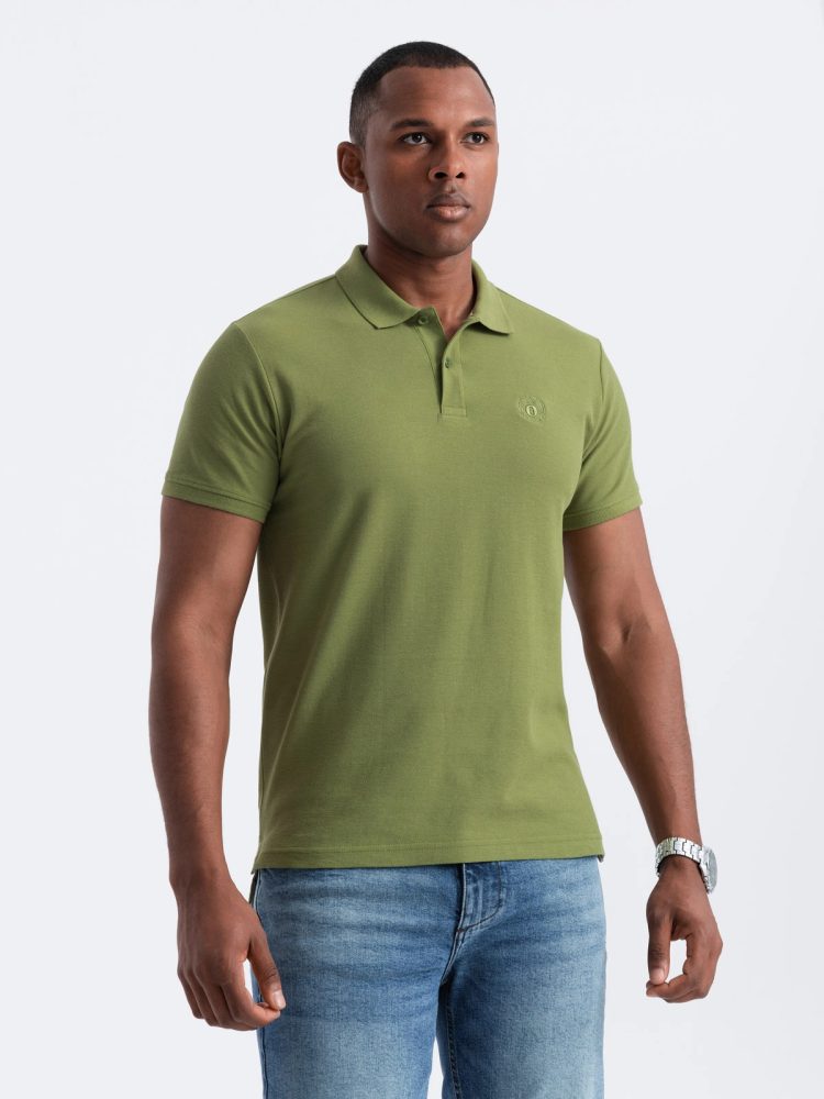 Levně Ombre Clothing Bavlněná jednobarevná pánská polokošile olivově zelená v21 om-pobs-0100
