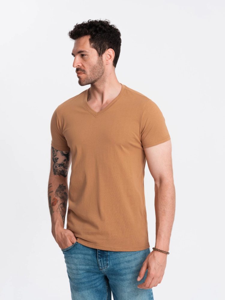 Levně Ombre Clothing Bavlněné pánské tričko hnědé V9 TSBS-0145