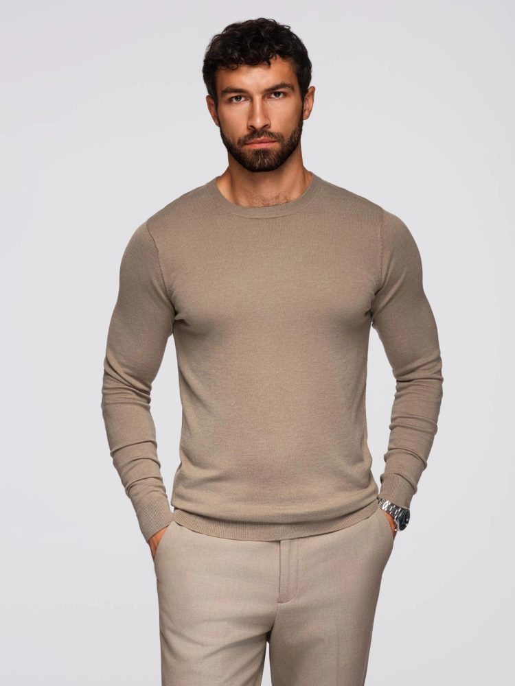 Levně Ombre Clothing Klasický béžový svetr s kulatým výstřihem V15 SWBS-0106
