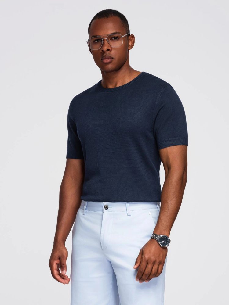 Levně Ombre Clothing Modré pánské triko z úpletu V1 TSCT-0252