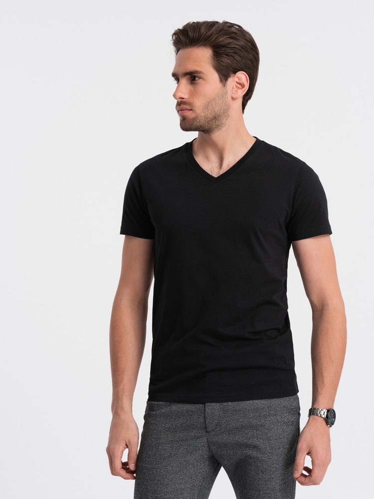 Levně Ombre Clothing Bavlněné pánské černé tričko s výstřihem do V V1-TSBS-0145