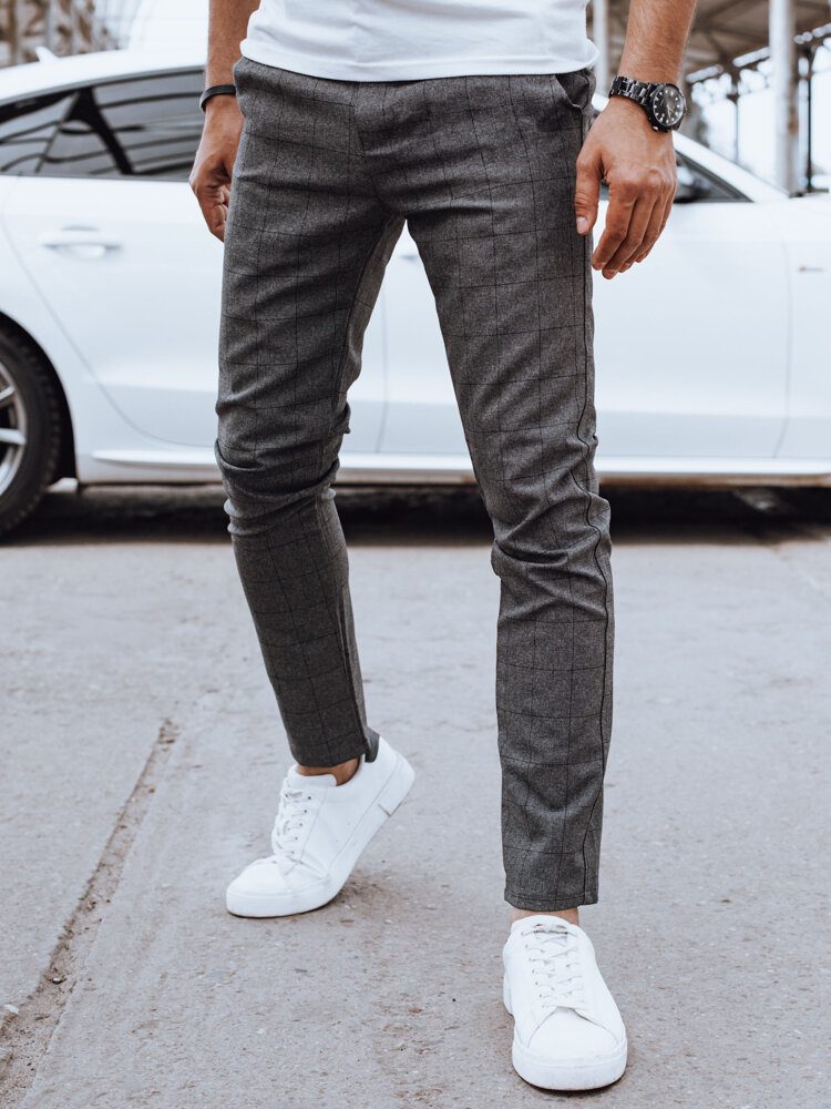 Levně Dstreet Elegantní kalhoty v šedé barvě s kostkovaným vzorem