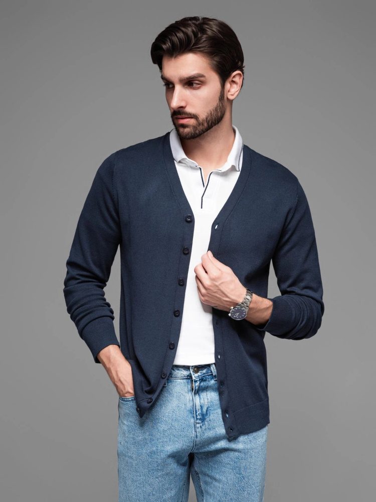 Levně Ombre Clothing Pánský tmavě modrý kardigan na knoflíky V1 SWCD-0126
