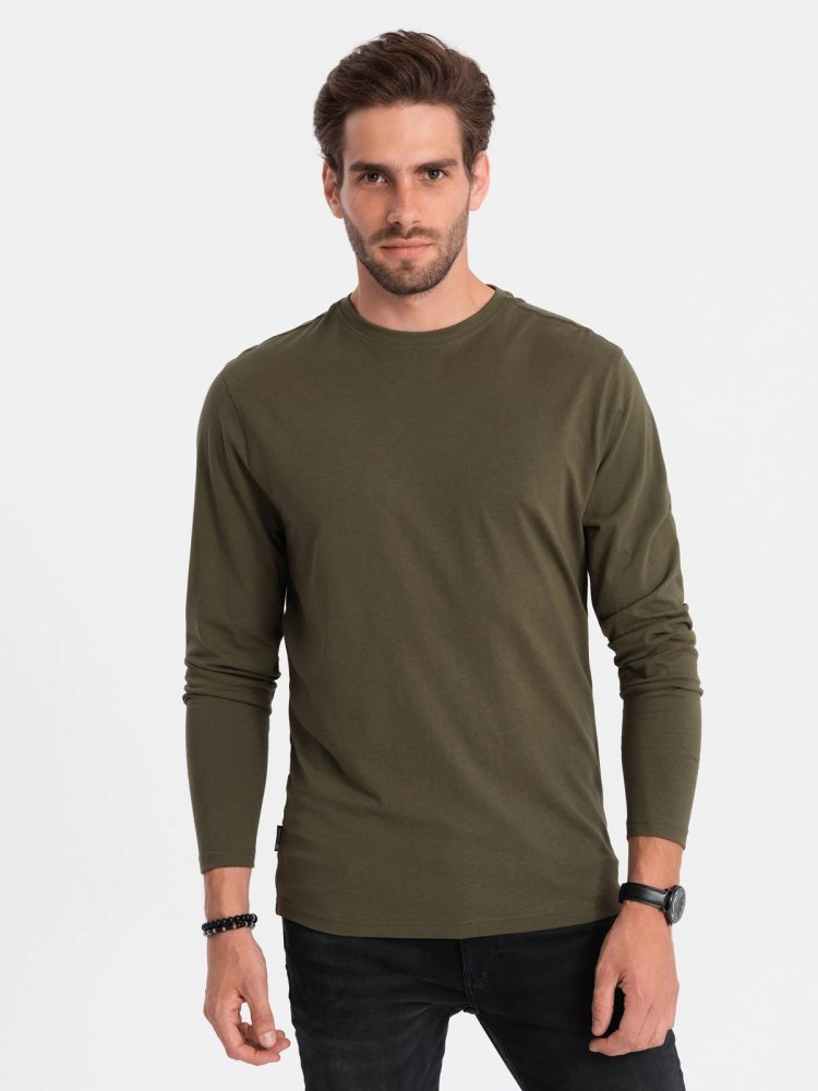 Levně Ombre Clothing Jednoduché bavlněné tričko s dlouhým rukávem v olivové barvě v7 om-lsbl-0106