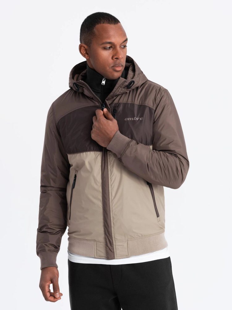 Levně Ombre Clothing Pohodlná béžovo-hnědá přechodná sportovní bunda V19 JANP-0194