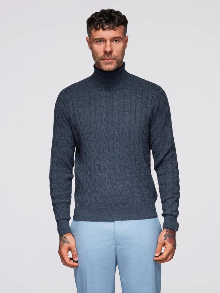 Levně Ombre Clothing Pánský pletený rolák v modré barvě V3 OM-SWTN-0157