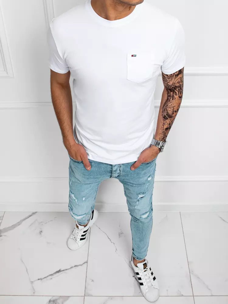 Dstreet Bavlněné bílé tričko s náprsní kapsou - M
