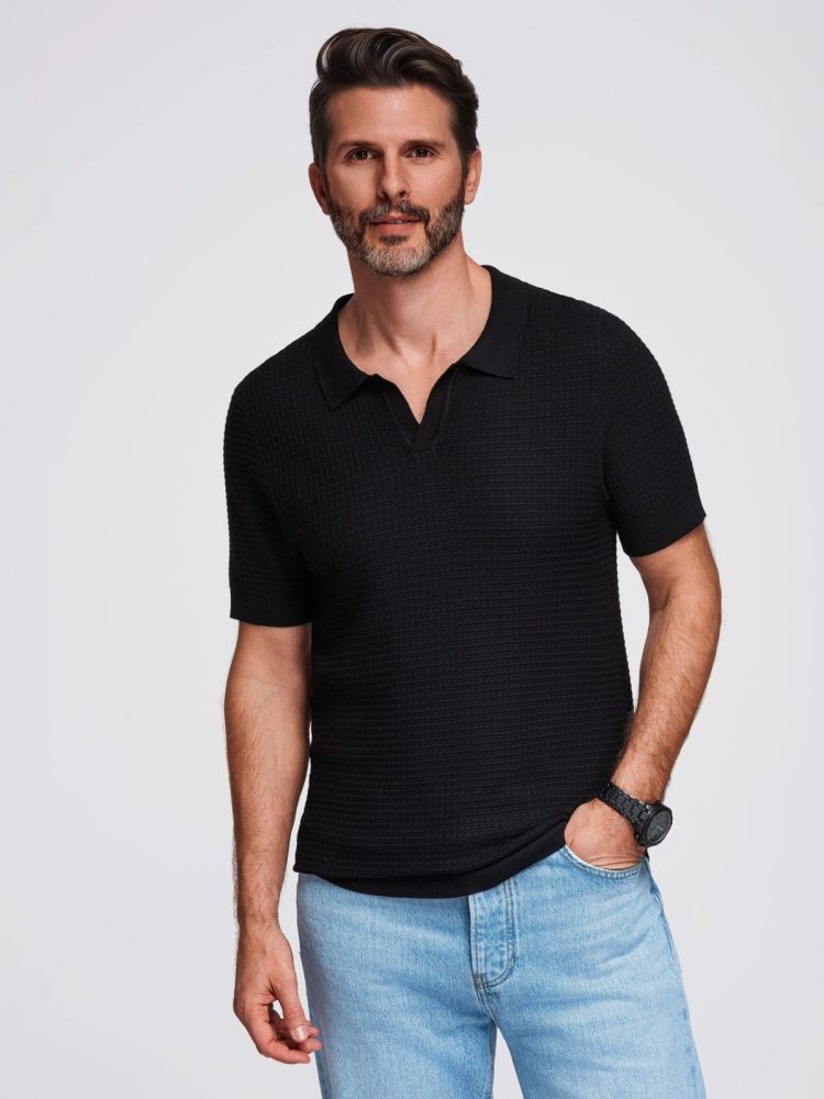 Levně Ombre Clothing Pánská černá pletená polokošile V3 POSS-0157