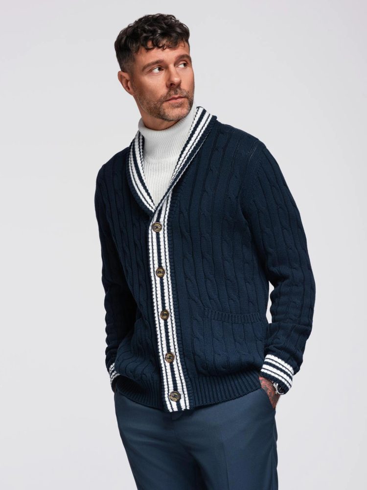 Levně Ombre Clothing Pánský pletený svetr tmavě modrý v1 om-swcd-0152