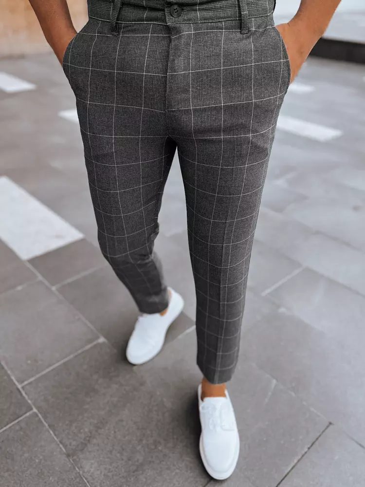Levně Buďchlap Tmavě šedé kalhoty s jemným károvaným vzorem