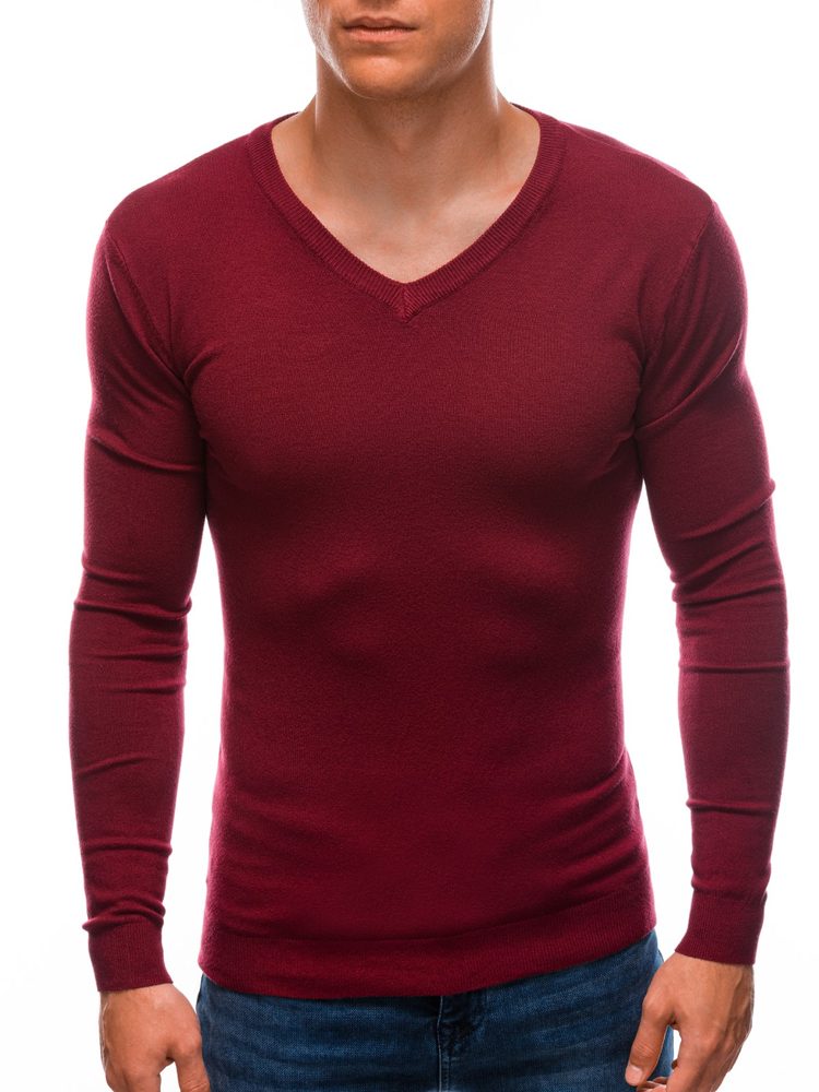 Levně Buďchlap Pánský svetr s V-výstřihem v tmavě červené barvě E206
