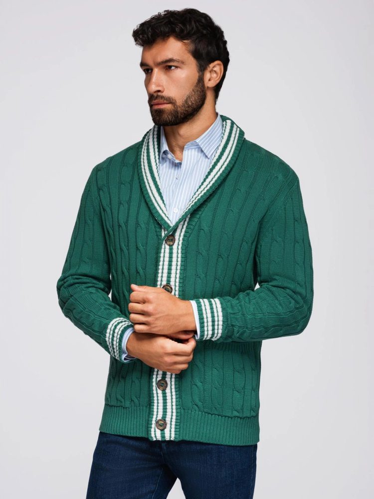 Levně Ombre Clothing Pánský pletený svetr zelený v1 om-swcd-0151
