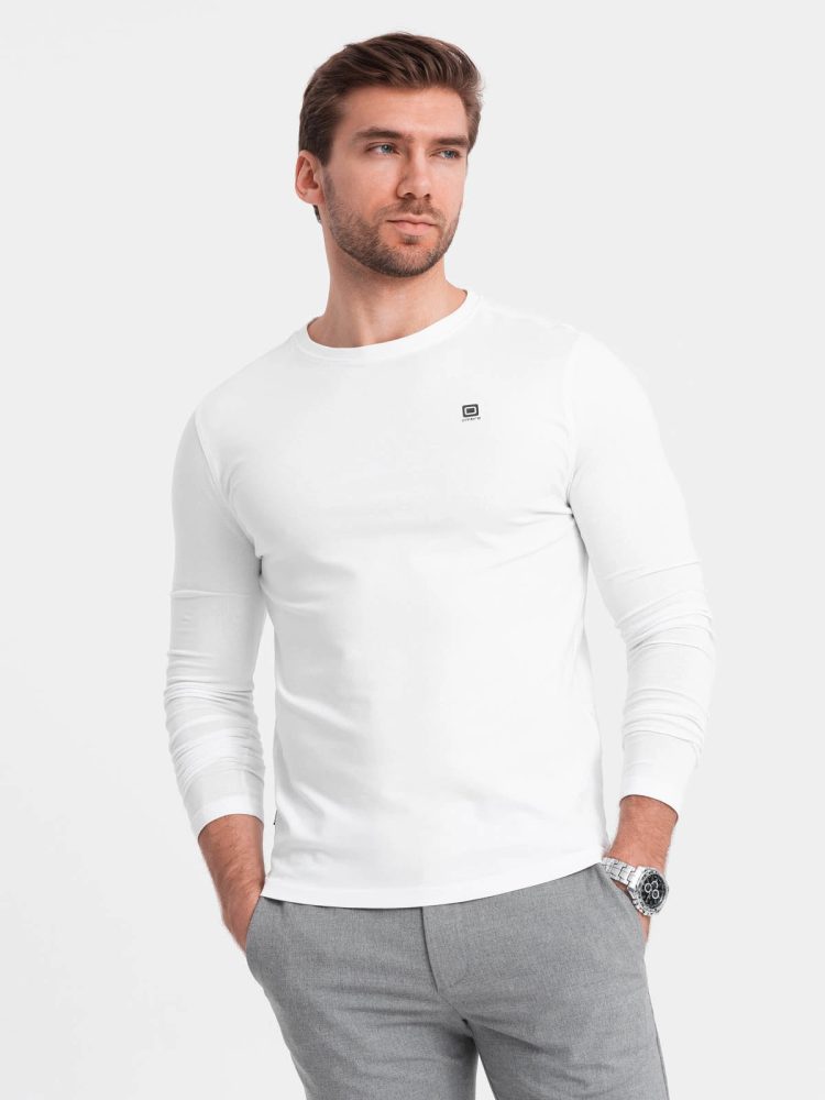 Levně Ombre Clothing Módní bílé tričko s dlouhým rukávem a logem V1 LSCL-0102