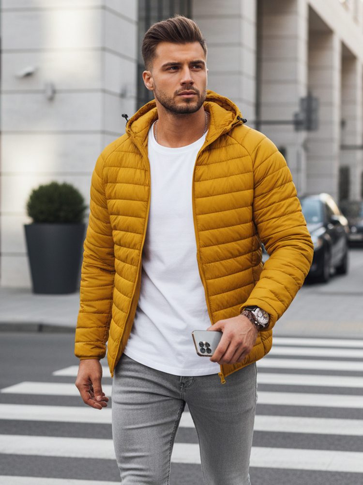 Levně Dstreet Prošívaná žlutá přechodová bunda s kapucí