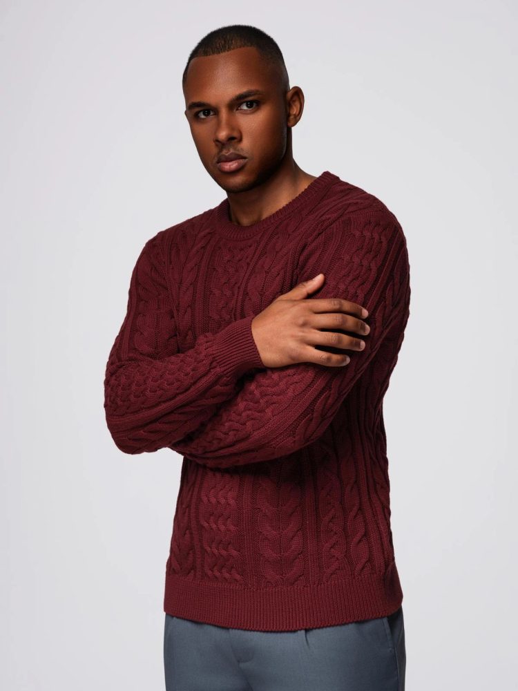 Levně Ombre Clothing Pánský vínový vzorovaný svetr om-swcd-0173