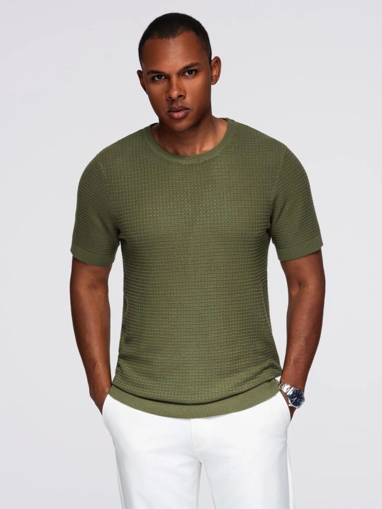 Levně Ombre Clothing Olivové pánské pletené tričko V1 TSCT-0253